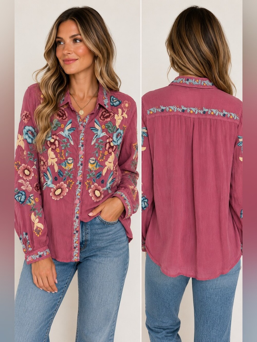 Johnny Was Tifany Blouse Violet Quartz Hummingbird Floral Embroidered Top M